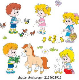 Vector cartoon set of happy little kids feeding small birds, chickens, a pony and a goatling