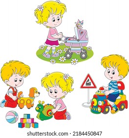 Vector cartoon set of happy little kids playing with their funny toys