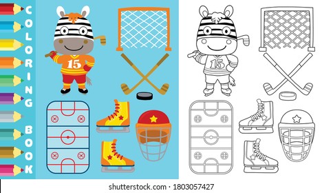 Vector cartoon set of hockey elements with funny zebra in hockey player costume, coloring page or book