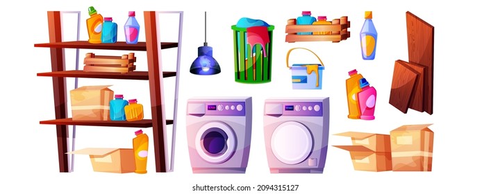 Vector cartoon set of household chemicals, basket for dirty linen, washing and dryer machine. Laundry room with cleaning supplies, wooden shelves with cardboard boxes and detergents in plastic bottles