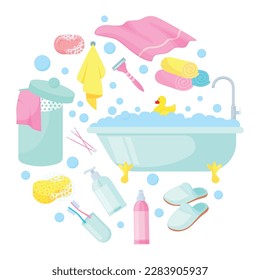 Vector cartoon set of hygiene items for the bathroom. The concept of cleanliness and self-care. Beautiful elements for your design.