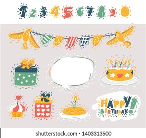 Vector cartoon Set of illustration of birthday party design elements for congratulations. Colorful balloon, flags, garland, cupcakes, pie, cupcake, gifts, candles, bigds and numbers.