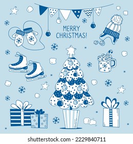 Vector cartoon set illustration of Christmas tree with star, gifts, garlands, skates, mittens, cup of hot cocoa. Simple design blue background. New Year's holiday, Christmas mood. Doodle style.