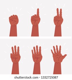 Vector cartoon set of illustration counting hands. Concept of human palm, gesture group for child schooling or body language. Objects on white background. From one to five.