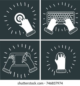 Vector cartoon set of illustration of hand touch screen by finger, draw on graphic tablet on the desk, on computer mouse, working on keyboard at work space. Top view. Black and white modern concept.