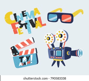 Vector cartoon set illustration of Movie Icons Set (Megaphone, Reel, Camera, Clapper Board. Hand drawn lettering Cinema Festival.