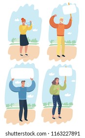 Vector cartoon set illustration of Protest demonstration participants on outdoor background. Men and women with banners.