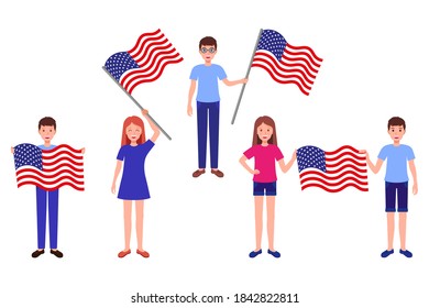 Conjunto de ilustraciones de dibujos animados con niños y niñas que sostienen la bandera estadounidense. Un concepto patriótico e independiente.