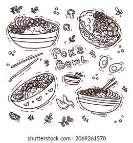 Vector cartoon set with illustrations of poke bowl and chopsticks. Isolated objects on a white background. Hand-drawn style.
