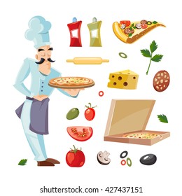 Vector Cartoon set with ingridients of pizza. Tomato, cheese and mushrooms isolate on white background. Cook offers pizza on tray