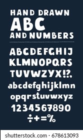 Vector cartoon set of isolated on black background cartoon style, alphabet letters, numbers and sights. Commercial font type design. Comic book lettering typeface on dark background