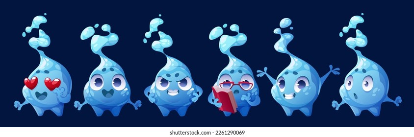 Vector cartoon set of isolated water drop mascot emoticon. Cute character with smiley or love expression, surprised, angry,in glasses reading book. Funny aqua hero icon for animation with eyes, hands.