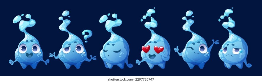 Vector cartoon set of isolated water drop mascot emoticon. Cute character with sad, cry, smiley, question or love expression. Funny aqua hero icon for animation. Friendly raindrop with eyes and hands.