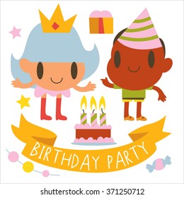 vector cartoon set of kids. Post cards,  games, book illustrations, logos or logotypes.  Birthday greetings, party banner or card.