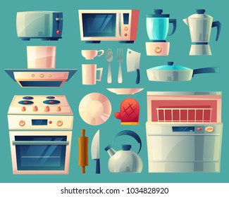 Vector cartoon set of kitchen appliances - washing machine, toaster, fridge, microwave, kettle, blender, stove with exhaust hood, pan, cup, knife, potholder Household objects cooking room interior