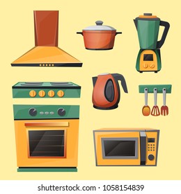 Vector cartoon set of kitchen appliances - microwave oven, kettle, blender, mixer, stove with exhaust hood, pan, bowl. Household objects, cooking room interior