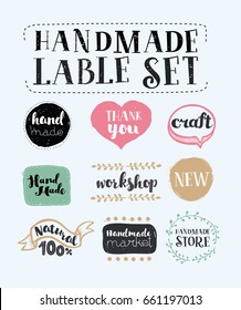 Vector cartoon set of labels: handmade, crafts workshop, made with love icons
