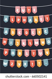 Vector Cartoon Set Of Latin Alphabet Flags Parties. Sans Uppercase Abc For Decoration Party, Holidays, Celebration Etc. Typeface On Black Background