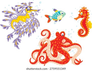 Vector cartoon set of a leafy sea dragon, s seahorse, an octopus and a funny small fish
