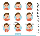 Vector cartoon set of a little boy in different postures with various emotions. Set 1 of 3.