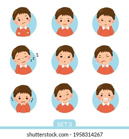 Vector cartoon set of a little boy in different postures with various emotions. Set 3 of 3.