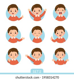 Vector cartoon set of a little boy in different postures with various emotions. Set 2 of 3.