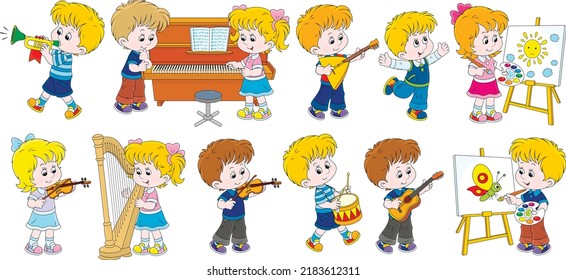 Vector cartoon set of little children playing musical instruments and drawing funny pictures