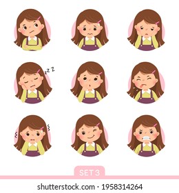 Vector cartoon set of a little girl in different postures with various emotions. Set 3 of 3.