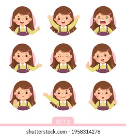 Vector cartoon set of a little girl in different postures with various emotions. Set 2 of 3.