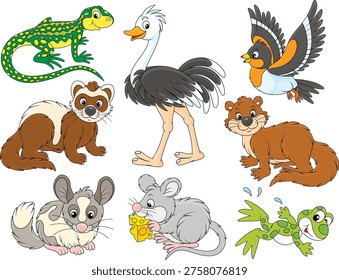 Vector cartoon set of a lizard, frog, ostrich, bramble finch, polecat, chinchilla, mouse and otter