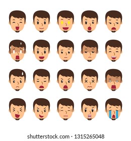 Vector cartoon set of a man faces showing different emotions for design.