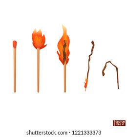 Vector cartoon set of matches. A match, a burning match, a burnt match. Match Burning Stages.