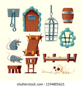 Vector cartoon set of medieval prison, torture objects - rack, shackles and metal hanging cage. Wooden bunks, barrel, pillory for punishment, window in jail and other elements isolated on white