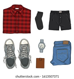 Vector Cartoon Set of Men Clothes. Casual Outfit.