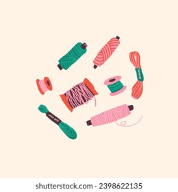 Vector cartoon set of multi-colored threads on a white background. Elements for the design of ornaments, banners of art and hobby stores, postcards and packaging. Scandinavian style
