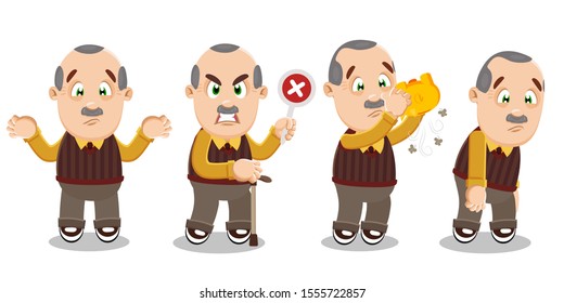 Vector cartoon set with mustached balding aged man in different mood and poses. Silver haired pensioner making helpless gesture, going upset, keeping prohibition sign, looking for money in piggy bank.