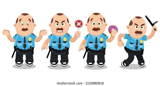 Vector cartoon set with mustached policeman in blue uniform in different mood and poses. Brown haired police officer making helpless gesture, keeping donut, baton, cross out sign, banning something.