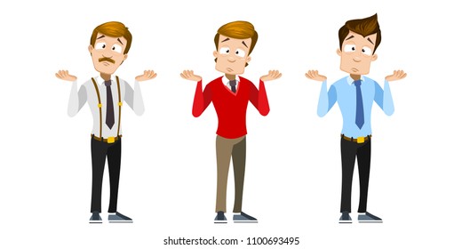 Vector cartoon set of office workers in business clothes. Characters gesture oops, sorry or I do not know. Vector illustration in cartoon flat style, isolated on a white background.

