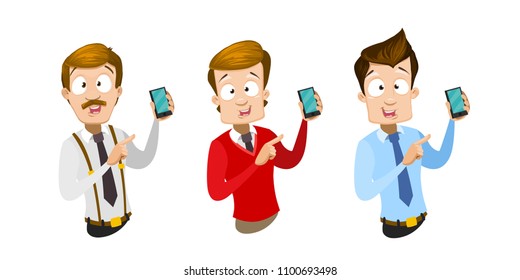 Vector cartoon set of office workers in business clothes. Characters showing the smartphone. Vector illustration in cartoon flat style, isolated on a white background.
