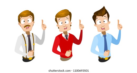 Vector cartoon set of office workers in business clothes. Characters with a raised index finger. Concept of a great idea. Vector illustration in cartoon flat style, isolated on a white background.

