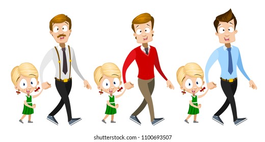Vector cartoon set of office workers in business clothes. Characters walking together with baby girl. Vector illustration in cartoon flat style, isolated on a white background.

