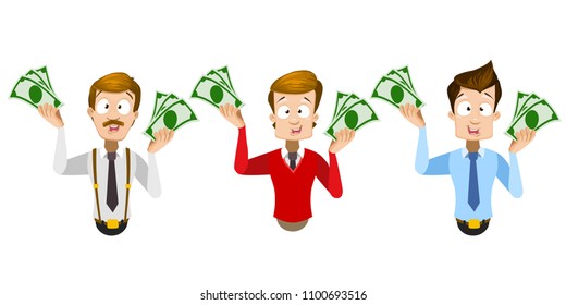 Vector cartoon set of office workers in business clothes. Characters with banknotes of money in his hands. Vector illustration in cartoon flat style, isolated on a white background.
