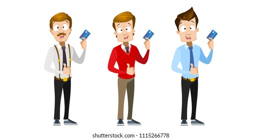 Vector cartoon set of office workers in business clothes. Characters holding a credit card in hand. Vector illustration in cartoon flat style, isolated on a white background.
