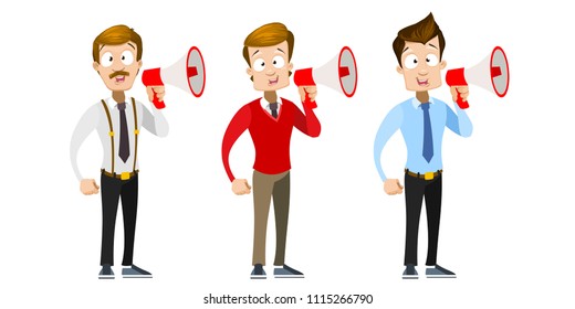 Vector cartoon set of office workers in business clothes. Characters speaking into a shout or a megaphone. Vector illustration in cartoon flat style, isolated on a white background
