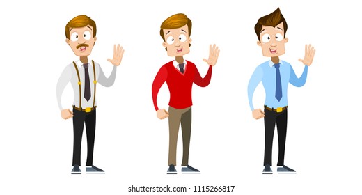 Vector cartoon set of office workers in business clothes. Characters waving hand . Vector illustration in cartoon flat style, isolated on a white background.
