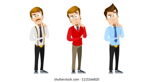 Conjunto de dibujos animados de trabajadores de oficina vestidos de negocios. Personajes pensando. Ilustración vectorial en estilo plano de caricatura, aislada en un fondo blanco.
