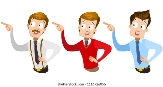 Vector cartoon set of office workers in business clothes. Characters point to something. Vector illustration in cartoon flat style, isolated on a white background