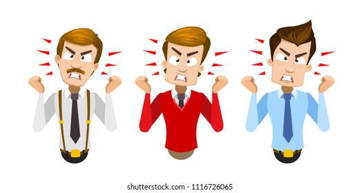 Vector cartoon set of office workers in business clothes. Characters expresses his negative evil emotions, showing anger. Vector illustration in cartoon flat style, isolated on a white background