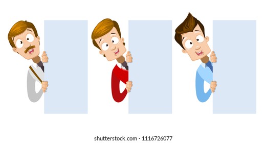 Vector cartoon set of office workers in business clothes. Characters peeping over blank poster. Vector illustration in cartoon flat style, isolated on a white background.