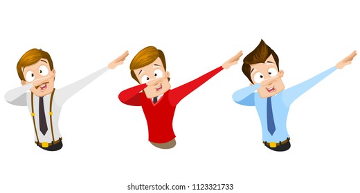 Vector cartoon set of office workers in business clothes. Characters making dab gesture. Dabbing dance character. Vector illustration in cartoon flat style, isolated on a white background